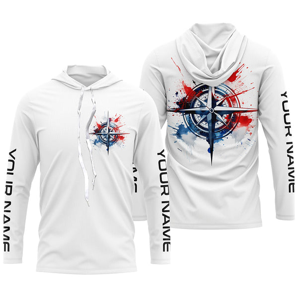 Red, White And Blue Compass Custom Performance Fishing Shirts, Patriotic Saltwater Fishing Shirts IPHW4948