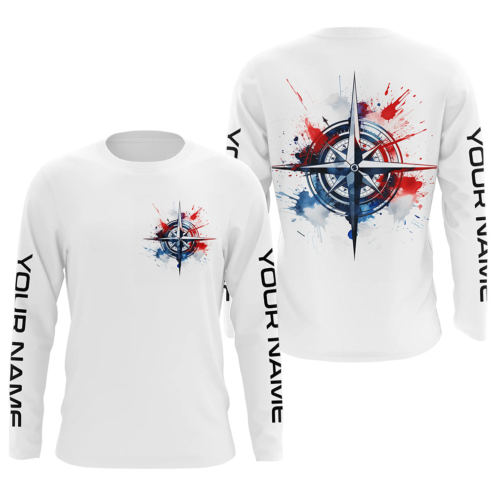 Red, White And Blue Compass Custom Performance Fishing Shirts, Patriotic Saltwater Fishing Shirts IPHW4948