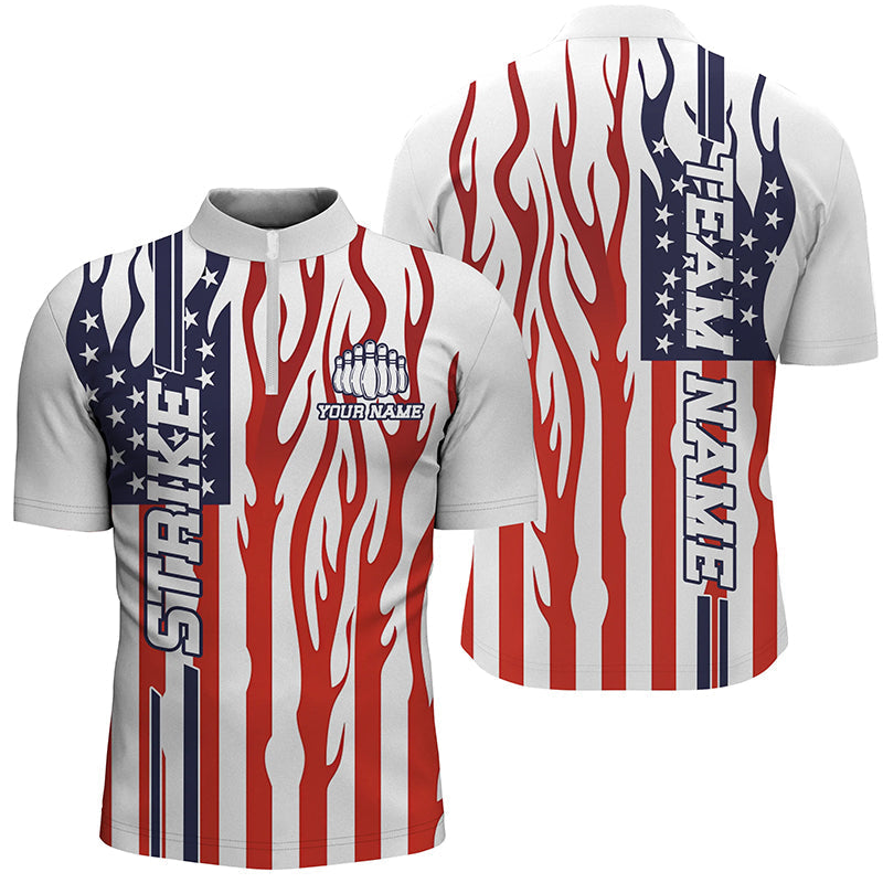 Personalized American Flag Flame Unisex Bowling Team Shirts, Patriotic Bowlers Outfits IPHW6019