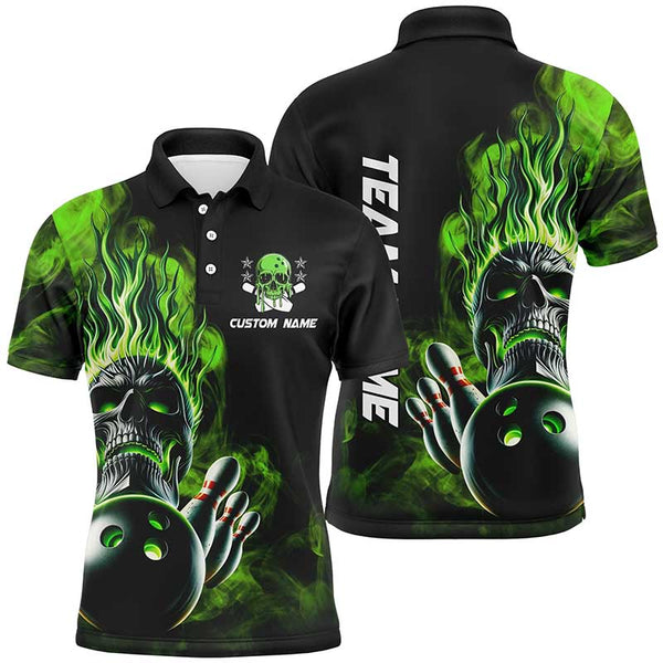 Personalized Green Flame Skull Unisex Bowling Team Shirts, Strike Bowling Jerseys For Men Women IPHW6025