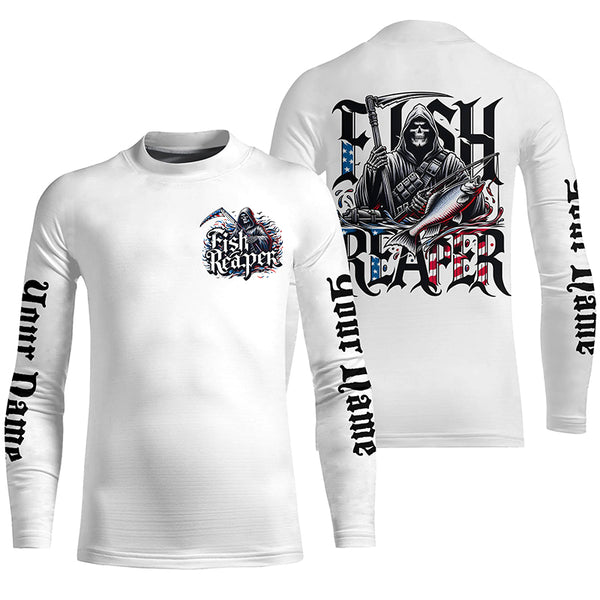 Personalized Fish Reaper Long Sleeve Fishing Shirts, American Flag Patriotic Fishing Gifts IPHW5542