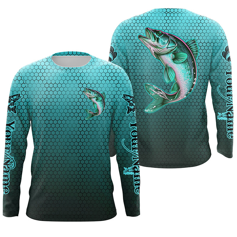 Personalized Walleye Fishing Jerseys, Walleye Tournament Fishing Shirts for Men, Women and Kids Fishing Gifts IPHW5718 Turquoise Blue