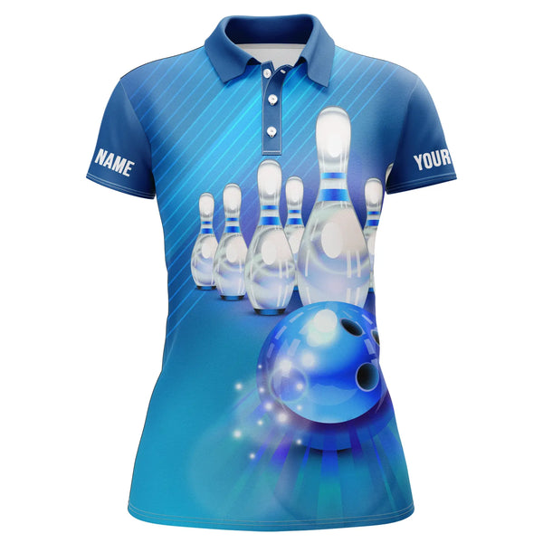 Custom Blue Bowling Shirts For Women, Bowling Balls And Pins Jerseys For Girls IPHW4176