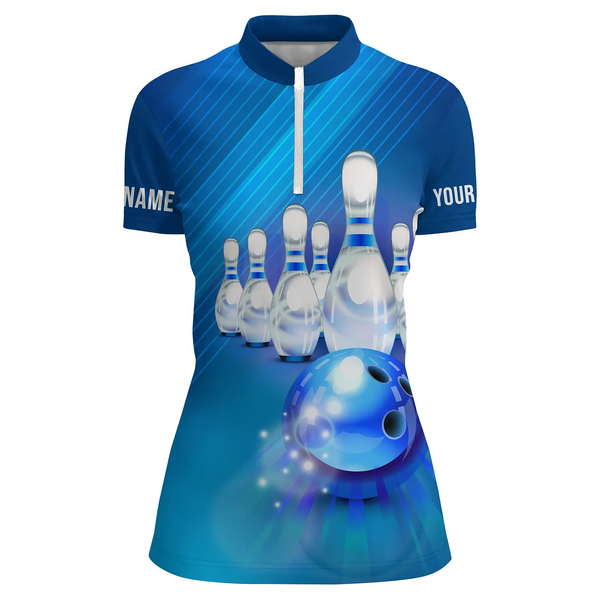 Custom Blue Bowling Shirts For Women, Bowling Balls And Pins Jerseys For Girls IPHW4176