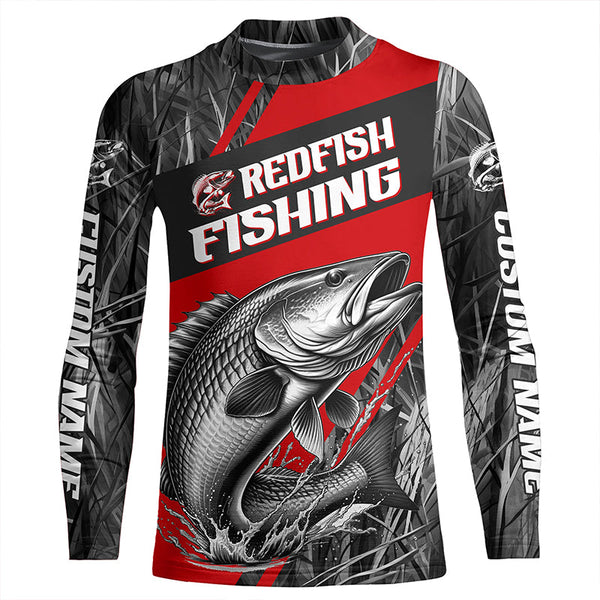 Black And Red Camo Redfish Long Sleeve Tournament Fishing Shirts, Custom Redfish Fishing Jerseys IPHW6316