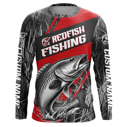 Black And Red Camo Redfish Long Sleeve Tournament Fishing Shirts, Custom Redfish Fishing Jerseys IPHW6316