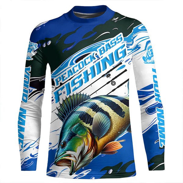 Custom Peacock Bass Fishing Blue Camo Long Sleeve Shirts, Peacock Bass Fishing Jerseys IPHW6328