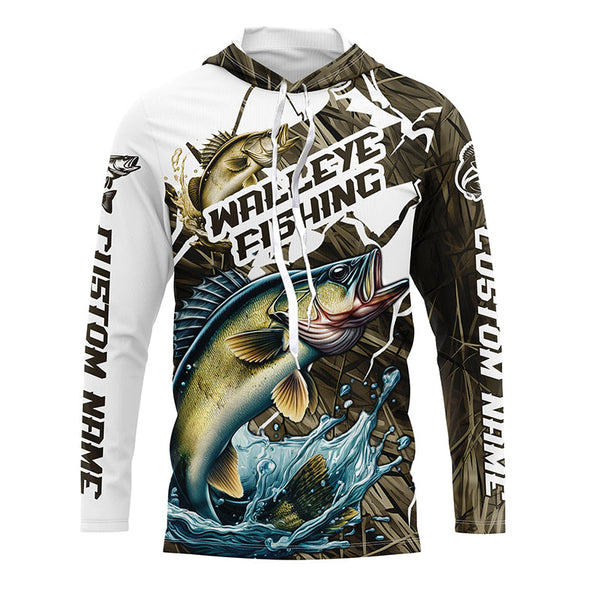 Custom Walleye Fishing Jerseys, Walleye Long Sleeve Fishing League Shirts | Grass Camo IPHW6362