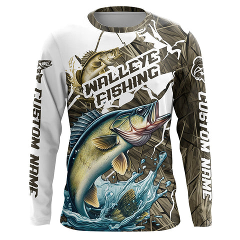 Custom Walleye Fishing Jerseys, Walleye Long Sleeve Fishing League Shirts | Grass Camo IPHW6362