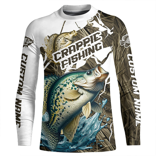 Custom Crappie Fishing Jerseys, Crappie Long Sleeve Fishing League Shirts | Grass Camo IPHW6363