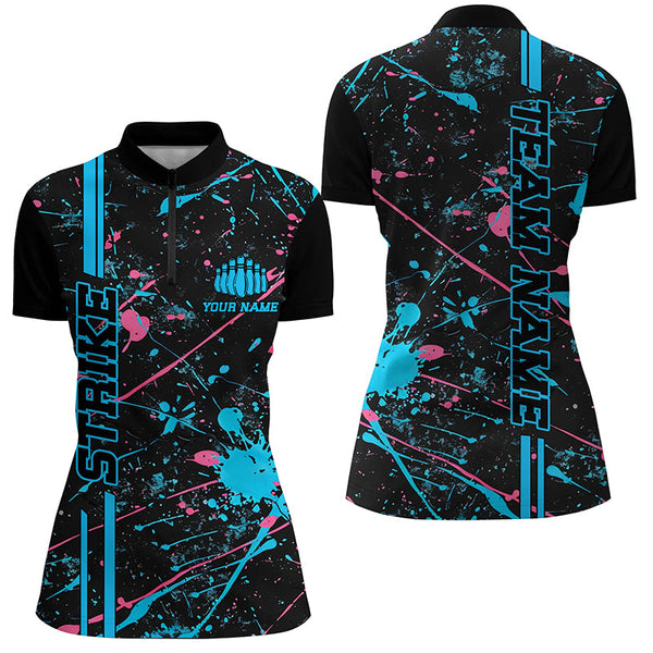 Custom Blue And Pink Strike Bowling Team Shirts, Camo Bowling League ladies Jerseys IPHW6430