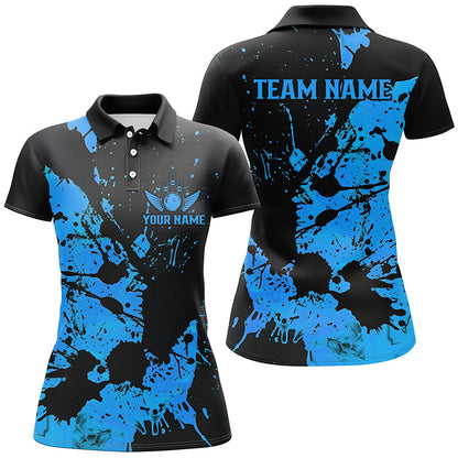 Custom Name Black And Blue Bowling Team Shirts For Women, Bowling League Jerseys IPHW6431