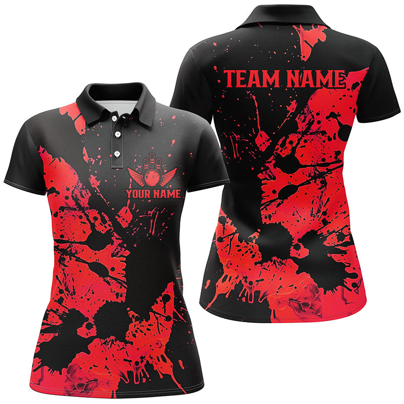 Custom Name Black And Red Bowling Team Shirts For Women, Bowling League Jerseys IPHW6434