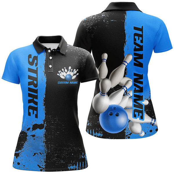 Black And Blue Strike Bowling Team Shirts For Women, Custom Bowling Jerseys For Bowlers IPHW6437