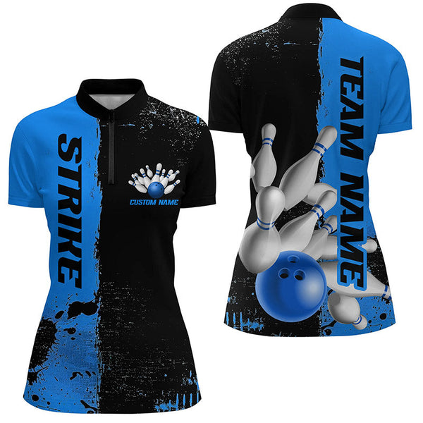 Black And Blue Strike Bowling Team Shirts For Women, Custom Bowling Jerseys For Bowlers IPHW6437