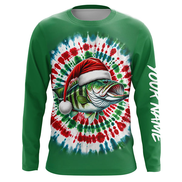 Custom Christmas Bass Fishing Tie Dye Long Sleeve Fishing Shirts, Christmas Bass Fishing Gifts IPHW5588