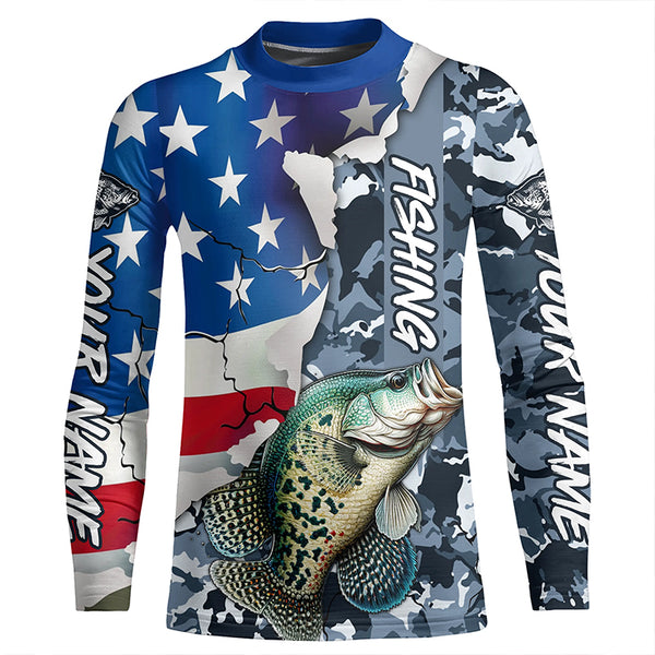 Custom American Flag Crappie Fishing Long Sleeve Shirts, Patriotic Camo Crappie Fishing Jerseys IPHW6105