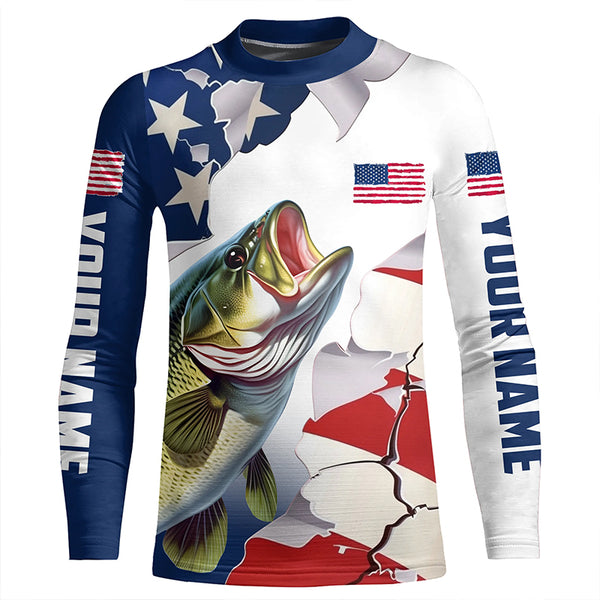 Personalized American Flag Bass Fishing Long Sleeve Shirts, Patriotic Bass Fishing Jerseys IPHW6106