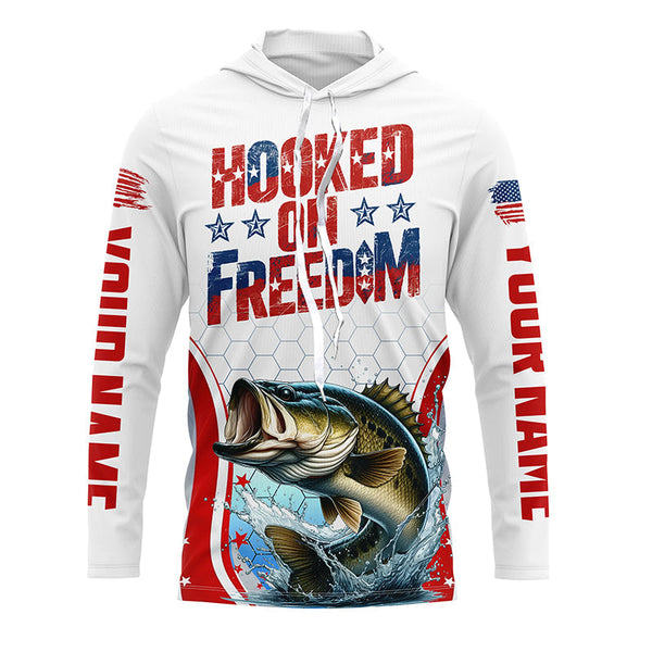 American Flag Bass Custom Long Sleeve Fishing Shirts, Hooked On Freedom Patriotic Fishing Jerseys IPHW6812