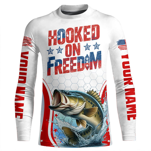 American Flag Bass Custom Long Sleeve Fishing Shirts, Hooked On Freedom Patriotic Fishing Jerseys IPHW6812