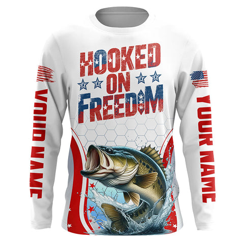 American Flag Bass Custom Long Sleeve Fishing Shirts, Hooked On Freedom Patriotic Fishing Jerseys IPHW6812