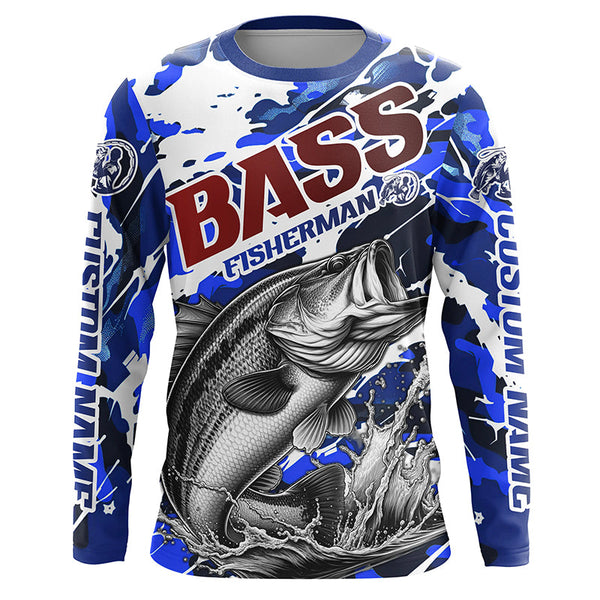 Personalized Bass Fisherman Long Sleeve Fishing Shirt, Red White And Blue Camo Fishing Jerseys IPHW6457