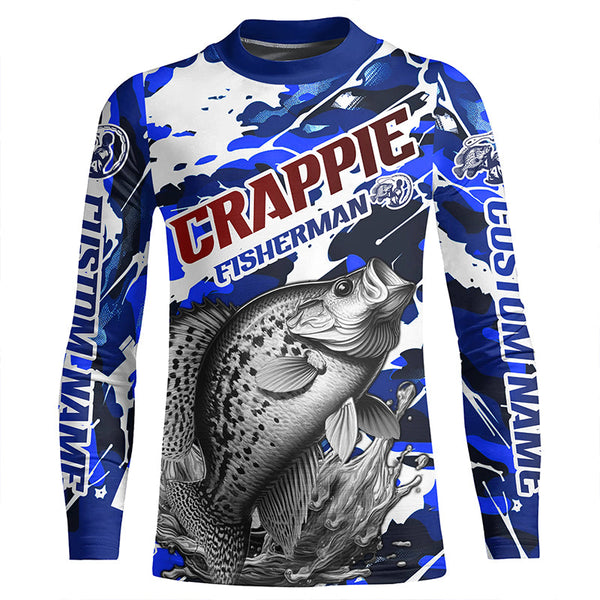 Personalized Crappie Fisherman Long Sleeve Fishing Shirt, Red White And Blue Camo Fishing Jerseys IPHW6459