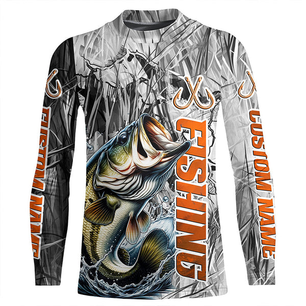 Largemouth Bass Fishing Custom Long Sleeve Tournament Fishing Shirts, Gray Camo Bass Fishing Jerseys IPHW6463