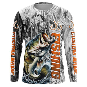 Largemouth Bass Fishing Custom Long Sleeve Tournament Fishing Shirts, Gray Camo Bass Fishing Jerseys IPHW6463