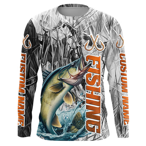 Walleye Fishing Custom Long Sleeve Tournament Fishing Shirts, Gray Camo Walleye Fishing Jerseys IPHW6464