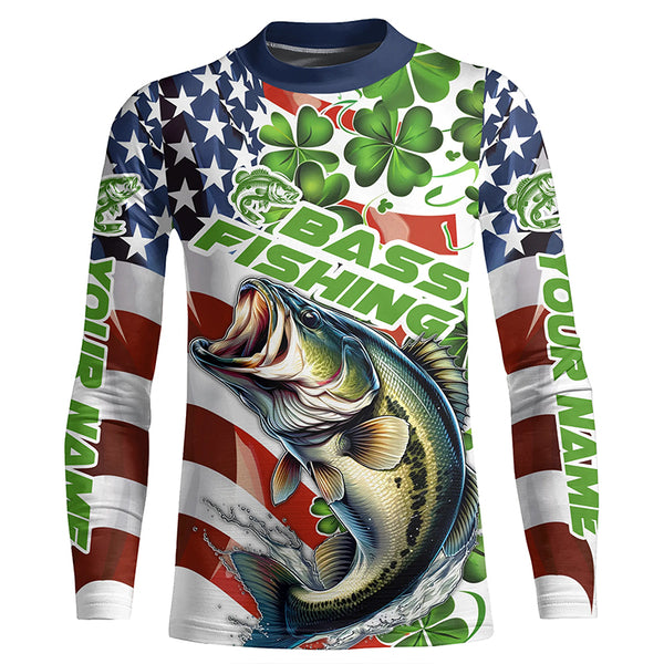 Personalized St Patrick'S Day Bass Long Sleeve Fishing Shirts, Patriotic Bass Fishing Jerseys IPHW5899