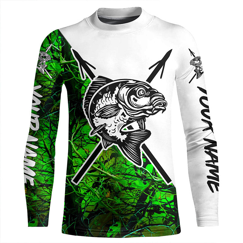 Carp Bowfishing Shirts | Custom Bow Fishing Long Sleeve Performance Fishing Shirts | Green Camo IPHW4666 T-Shirt UPF / S