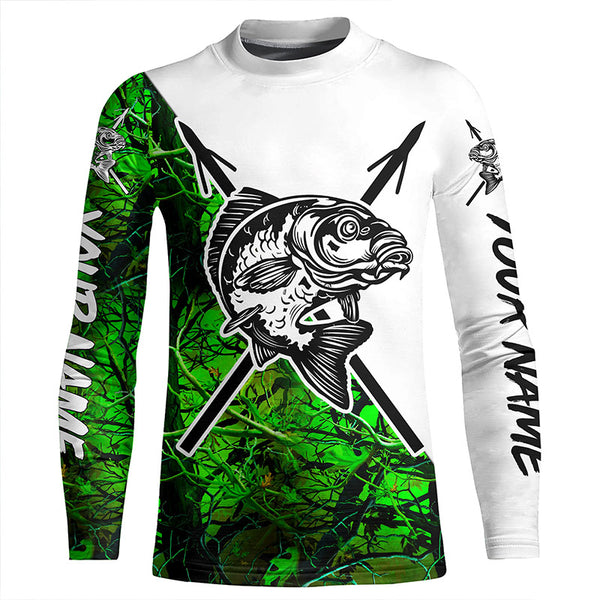 Carp Bowfishing Shirts | Custom Bow Fishing Long Sleeve Performance Fishing Shirts | Green Camo IPHW4666