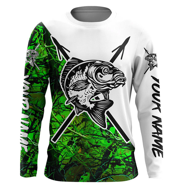 Carp Bowfishing Shirts | Custom Bow Fishing Long Sleeve Performance Fishing Shirts | Green Camo IPHW4666