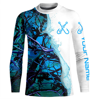Fish On Blue Camo Custom Long Sleeve Performance Fishing Shirts,  Camo Fishing Jerseys IPHW4849