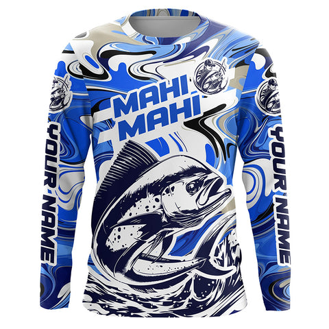 Custom Mahi Mahi Long Sleeve Uv Protection Fishing Shirts, Mahimahi Performance Shirts | Blue Camo IPHW6137