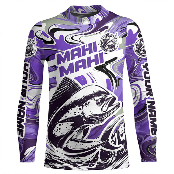 Custom Mahi Mahi Long Sleeve Uv Protection Fishing Shirts, Mahimahi Performance Shirts | Purple Camo IPHW6152