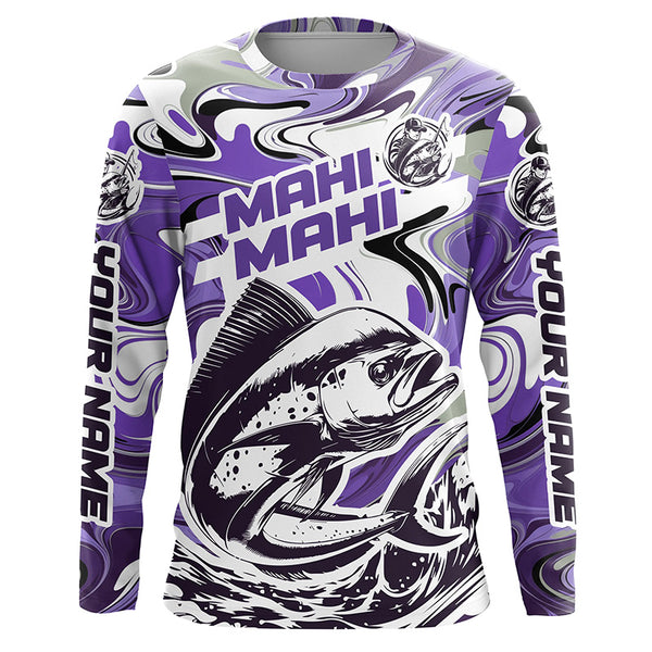 Custom Mahi Mahi Long Sleeve Uv Protection Fishing Shirts, Mahimahi Performance Shirts | Purple Camo IPHW6152