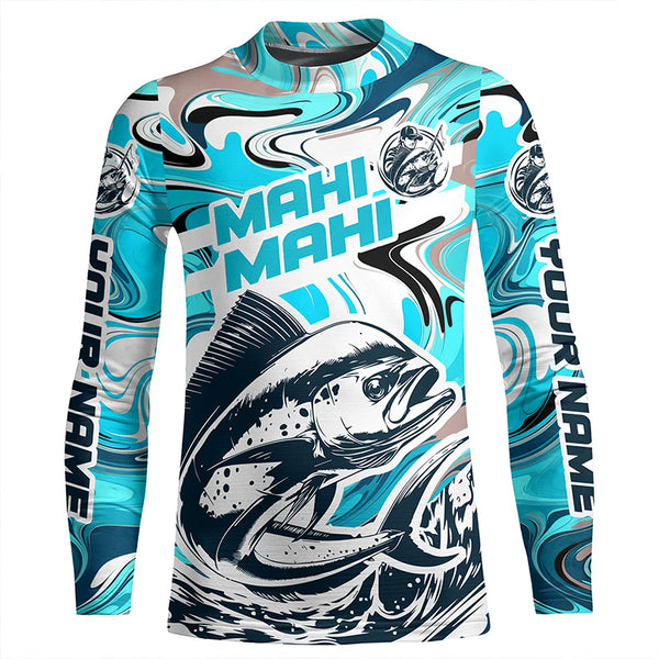 Custom Mahi Mahi Long Sleeve Uv Protection Fishing Shirts, Mahimahi Performance Shirts | Teal Blue IPHW6154