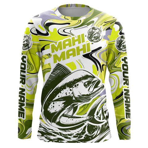 Custom Mahi Mahi Long Sleeve Uv Protection Fishing Shirts, Mahimahi Performance Shirts | Yellow Camo IPHW6155