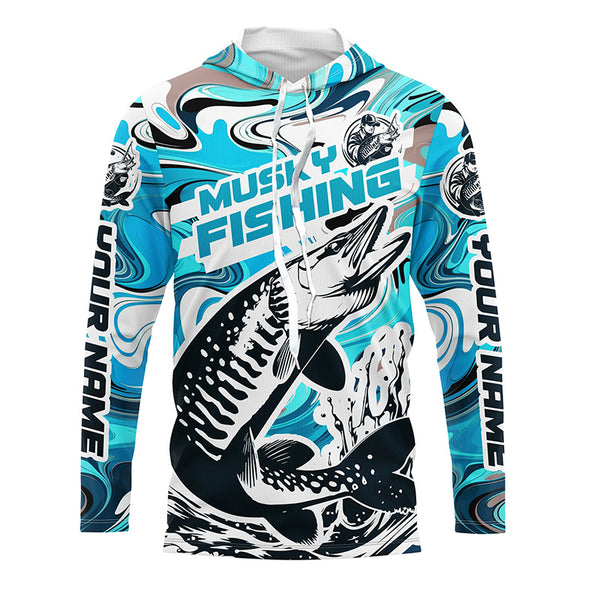 Custom Musky Long Sleeve Tournament Fishing Shirts, Water Camo Muskie Fishing Jerseys | Teal Blue IPHW6166