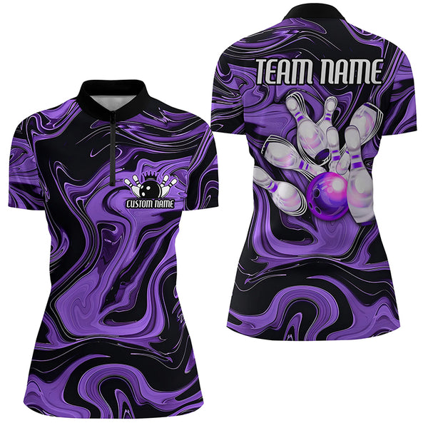 Purple Bowling Ball And Pins Custom Bowling Team Shirts For Women, Ladies Bowlers Outfit IPHW6173