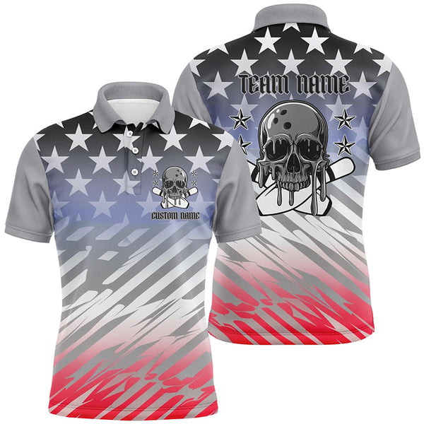 Custom American Flag Skull Bowling Shirts For Men And Women, Patriotic Team Bowling Jerseys IPHW6193