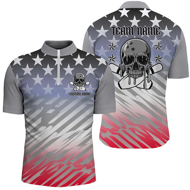 Custom American Flag Skull Bowling Shirts For Men And Women, Patriotic Team Bowling Jerseys IPHW6193
