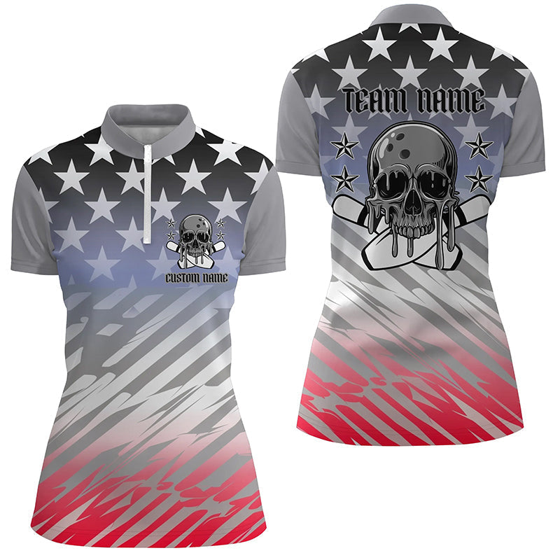 Custom American Flag Skull Bowling Shirts For Women, Patriotic Team Bowling Jerseys IPHW6193