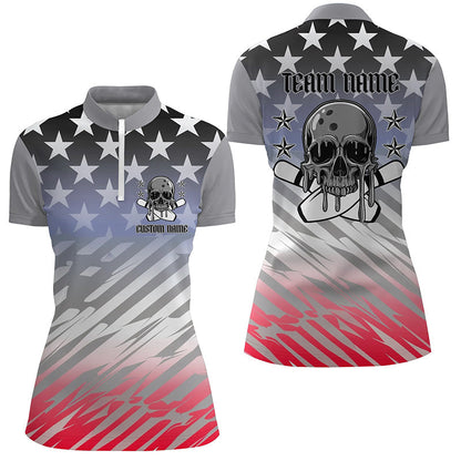 Custom American Flag Skull Bowling Shirts For Women, Patriotic Team Bowling Jerseys IPHW6193