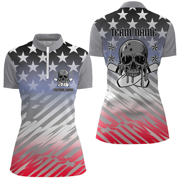 Custom American Flag Skull Bowling Shirts For Women, Patriotic Team Bowling Jerseys IPHW6193