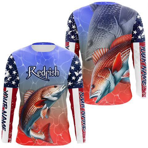 Custom Redfish Puppy Drum American Flag Long Sleeve Fishing Shirts, Patriotic Fishing Gifts IPHW5602