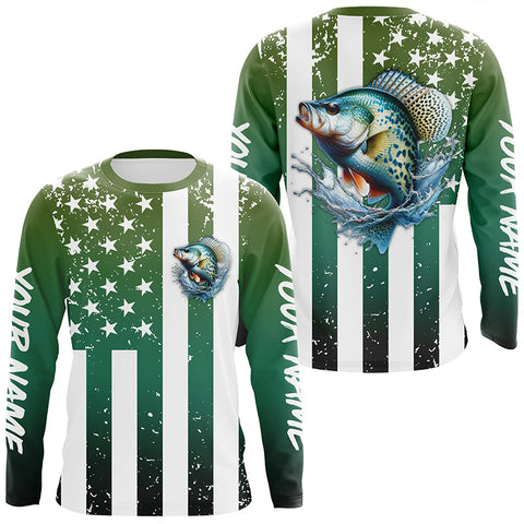 Custom Crappie Long Sleeve Tournament Fishing Shirts, Grunge American Flag Patriotic Fishing Shirts IPHW5603