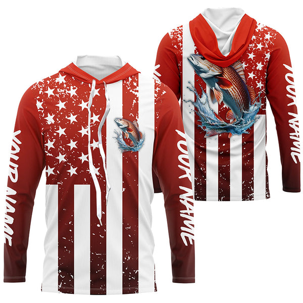Custom Redfish Long Sleeve Tournament Fishing Shirts, Grunge American Flag Patriotic Fishing Shirts IPHW5604